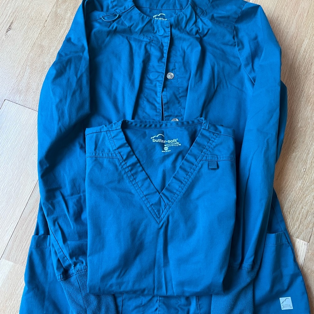 Butter-Soft Women's Blue Scrub Shirt and jacket